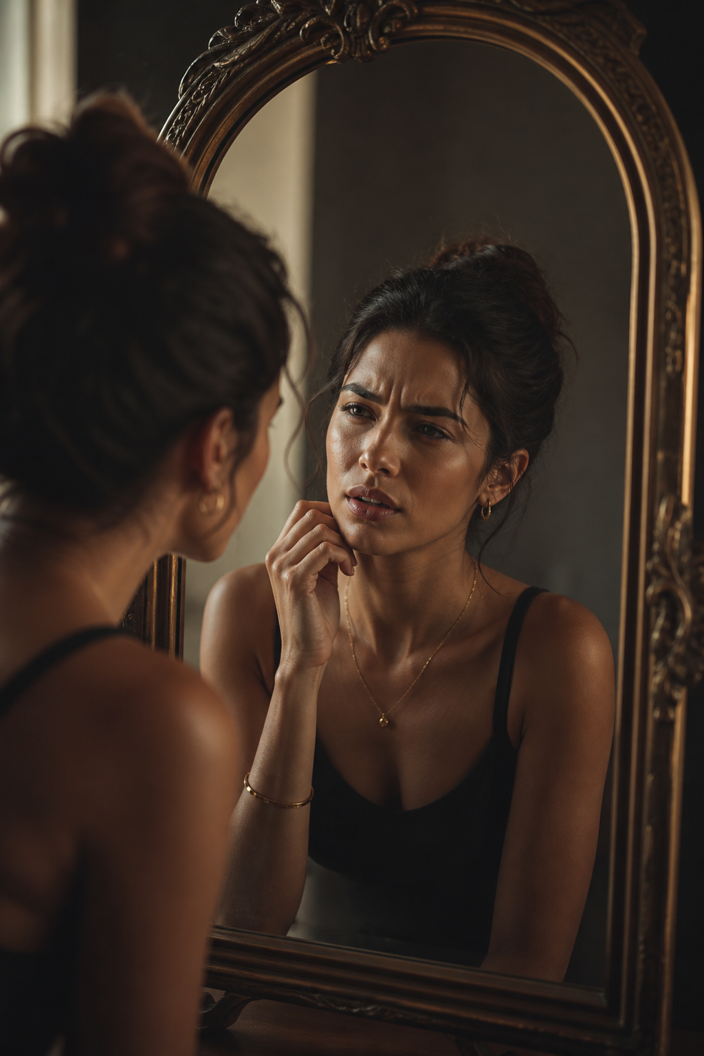 Woman looking into mirror